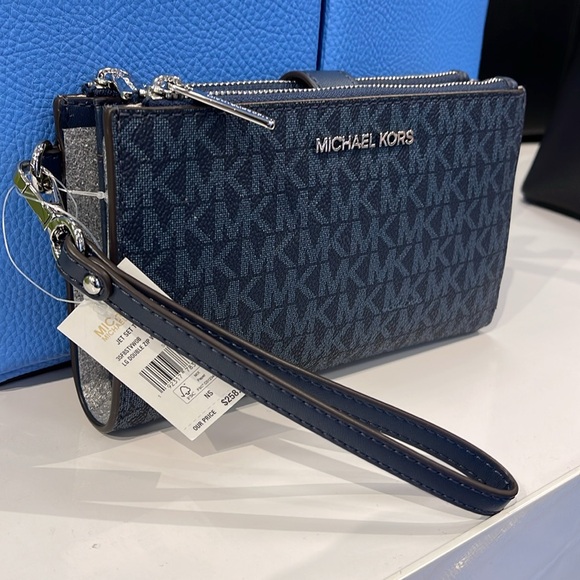 Michael Kors Jet Set Travel Large Double-Zip Wristlet-Wallet-PhoneHolder Admiral - Picture 2 of 16